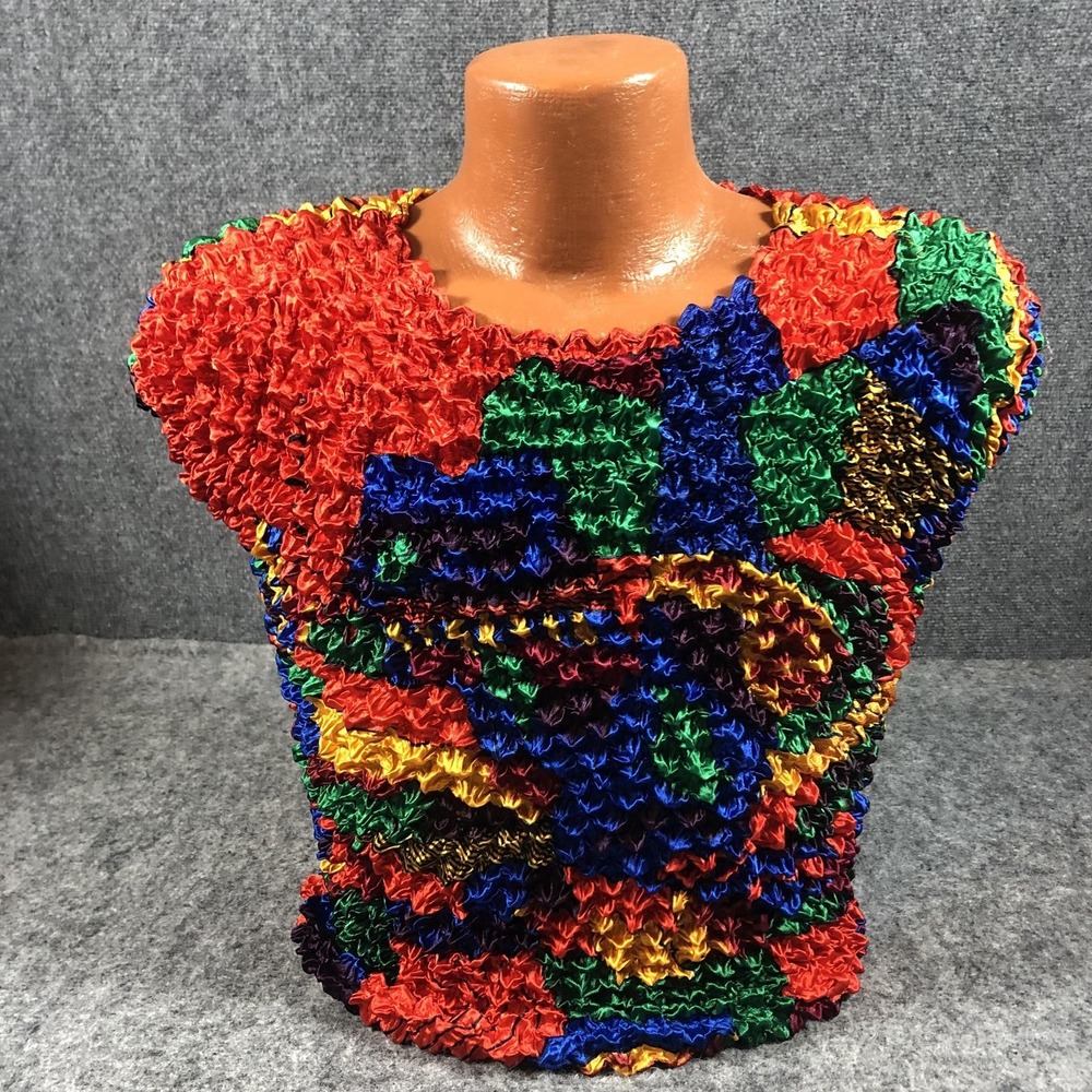 90s Satin Crinkle Popcorn Top Cropped Club colorful‎ Color Block